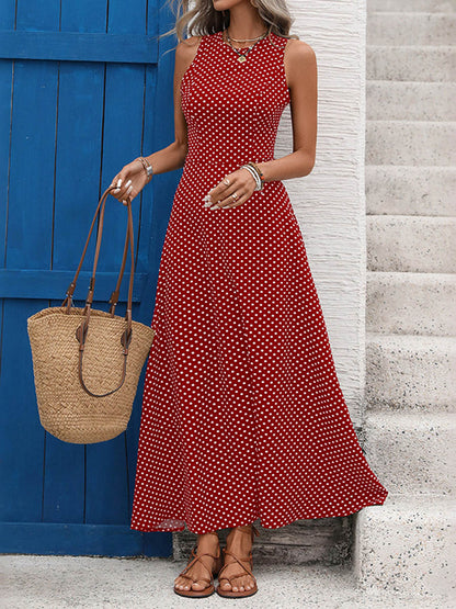 A-Line High Waisted Contrast Color Polka-Dot Round-Neck Maxi Dresses