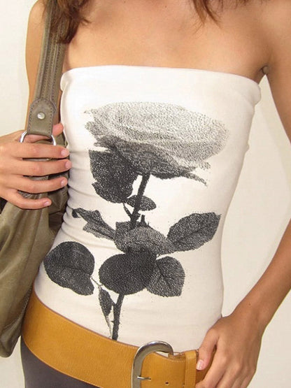 Skinny Sleeveless Contrast Color Flower Print Split-Side Tube Vest Top