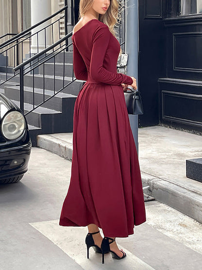High Waisted Long Sleeves Pleated Solid Color Split-Front One-Shoulder Maxi Dresses