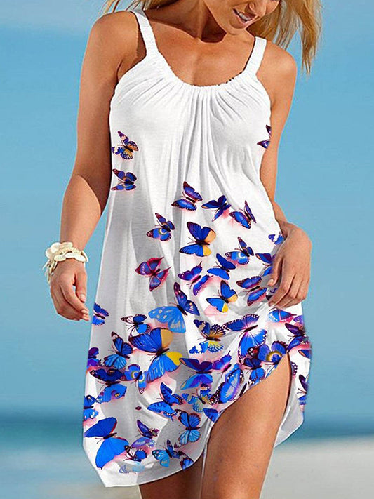 A-Line Loose Butterfly Print Pleated Spaghetti-Neck Mini Dresses