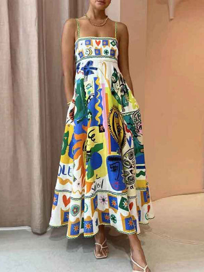 A-Line High Waisted Contrast Color Pleated Printed Split-Joint Spaghetti-Neck Midi Dresses