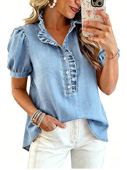 Split-Joint Solid Color Ruffled Pleated Buttoned Short Sleeves Stand Collar Blouses&shirts Tops