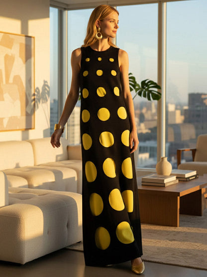 Loose Sleeveless Contrast Color Polka-Dot Split-Joint Round-Neck Maxi Dresses