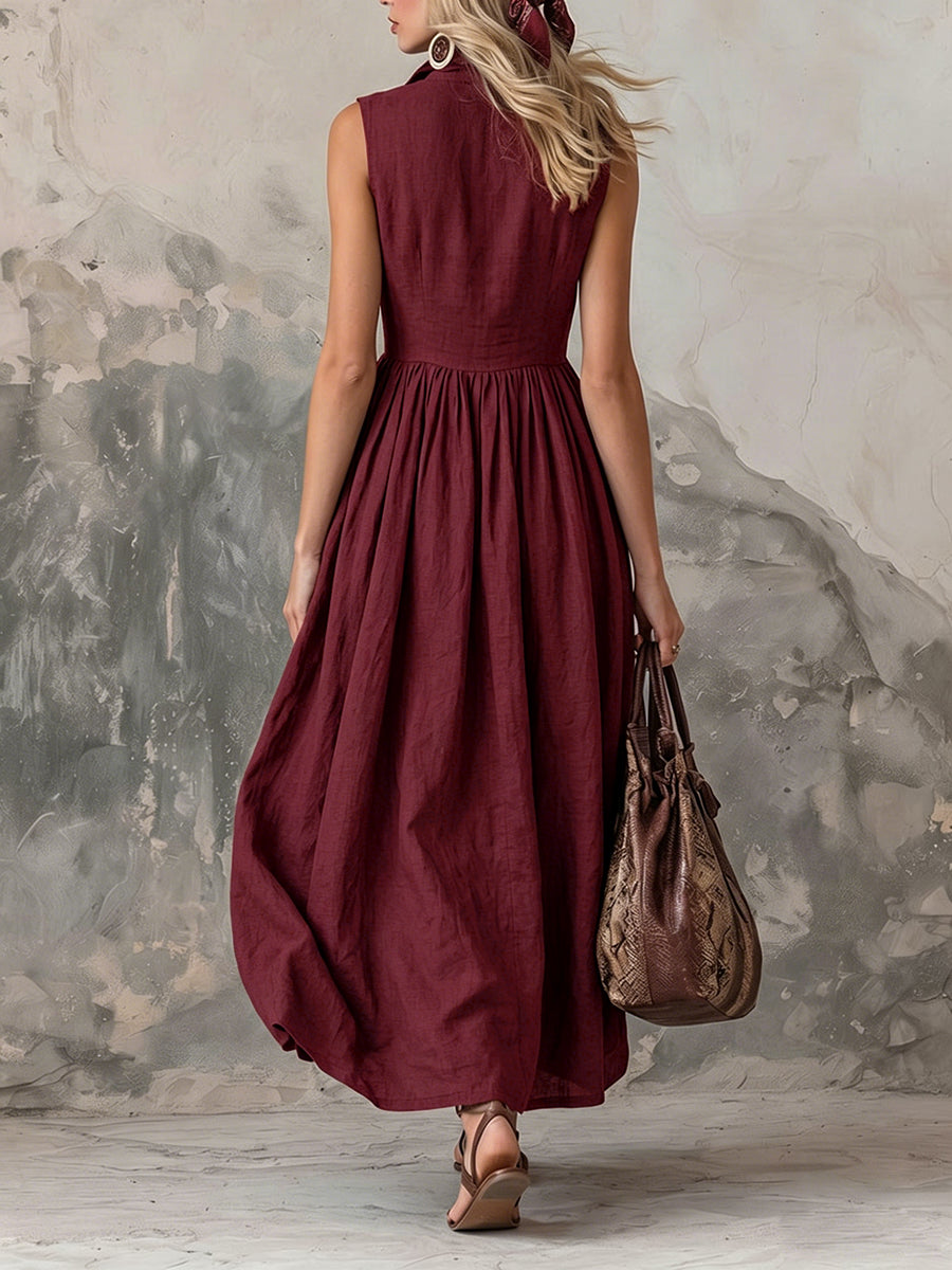High Waisted Loose Buttoned Pleated Solid Color Lapel Maxi Dresses
