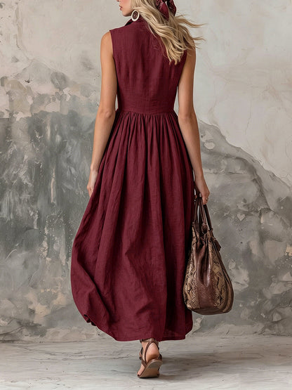 High Waisted Loose Buttoned Pleated Solid Color Lapel Maxi Dresses