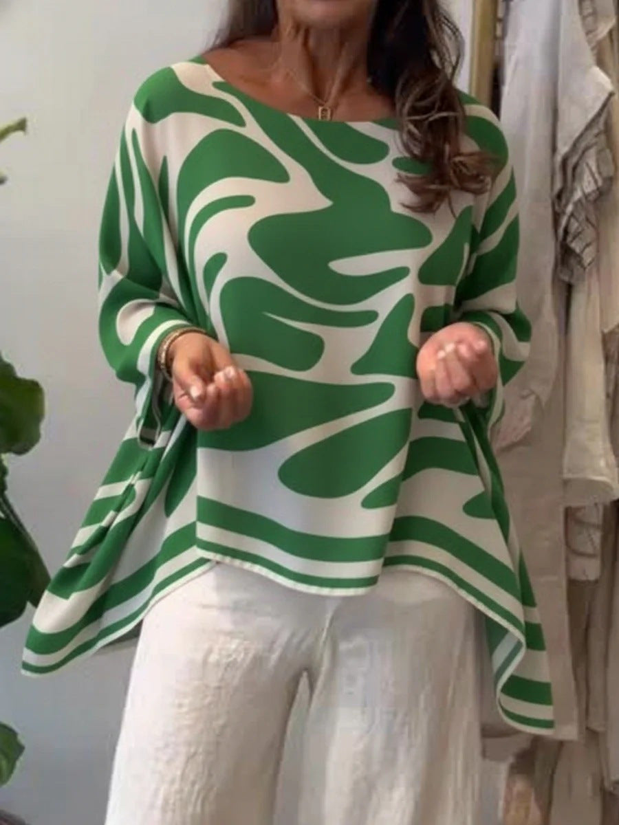 High-Low Irregularity Contrast Color Printed Round-Neck Blouses&Shirts Tops