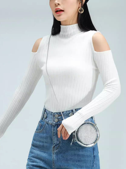 Long Sleeves Skinny Hollow Solid Color Mock Neck Knitwear Pullovers Sweater Tops