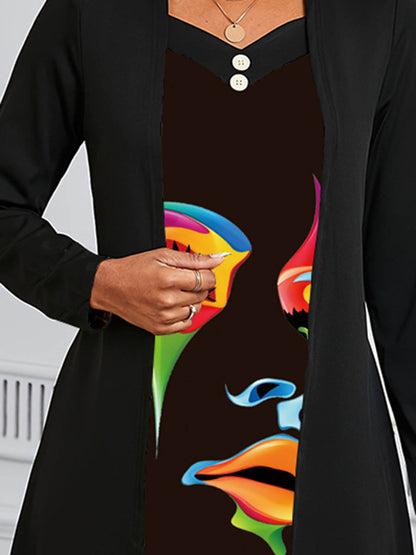 A-Line False Two Buttoned Contrast Color Human Pattern Print Split-Joint Square-Neck Midi Dresses