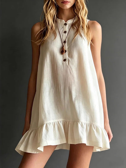 A-Line Loose Buttoned Pleated Solid Color Round-Neck Mini Dresses