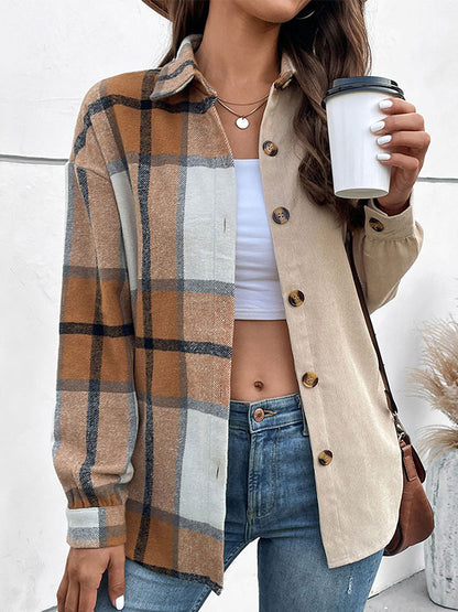 Long Sleeves Loose Buttoned Plaid Lapel Outerwear