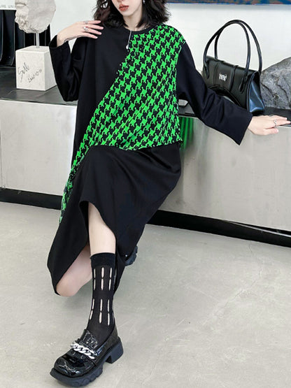 A-Line Long Sleeves Asymmetric Contrast Color Houndstooth Split-Joint Round-Neck Midi Dresses
