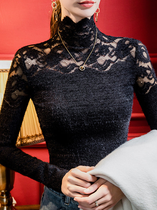 Long Sleeves Skinny Plus Size Solid Color Split-Joint High Neck T-Shirts Tops