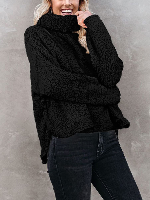 Long Sleeves Loose Solid Color Split-Joint High Neck Sweatshirt Tops