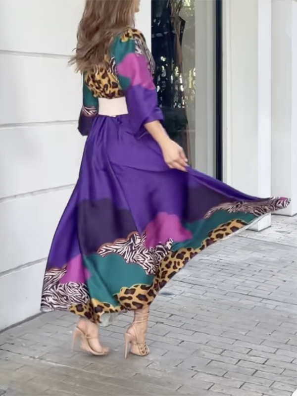 Long Sleeves Loose Leopard V-Neck Maxi Dresses