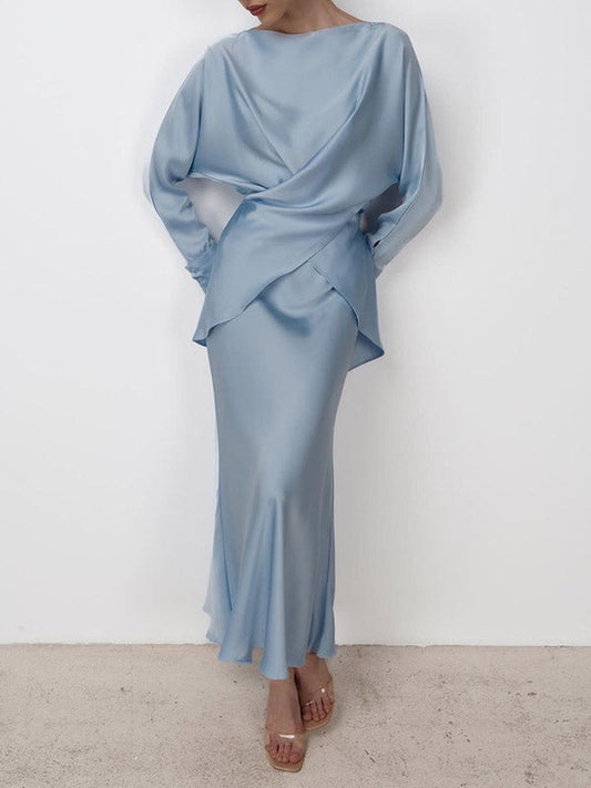 Loose Solid Color Split-Joint Boat Neck Long Sleeves Blouse & Shirt + Skirt Two Pieces Set