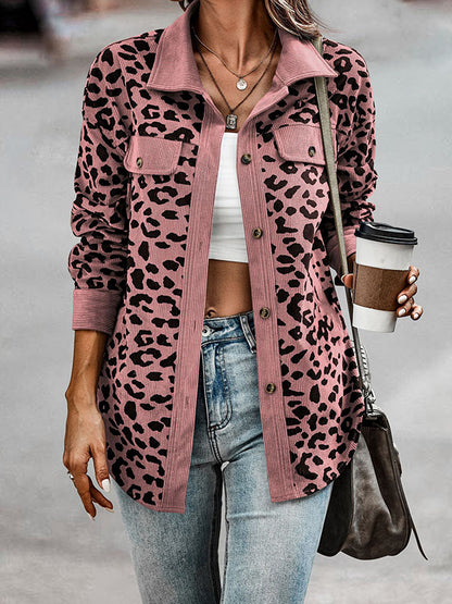Long Sleeves Loose Buttoned Leopard Pockets Split-Joint Lapel Jackets Outerwear