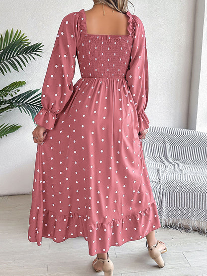 High Waisted Long Sleeves Pleated Polka Dot Ruffled Square-Neck Maxi Dresses Shirt Dress