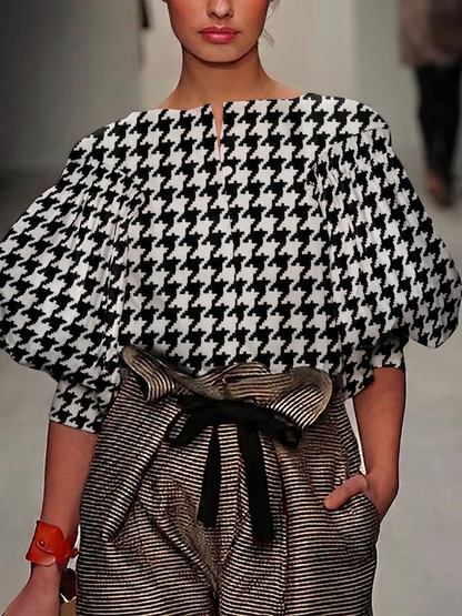 Split-Joint Printed Houndstooth Contrast Color Puff Sleeves Loose Boat Neck Blouses&shirts Tops