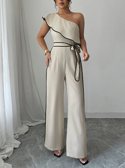 High Waisted Wide Leg Elasticity Tied Waist One-Shoulder Jumpsuits