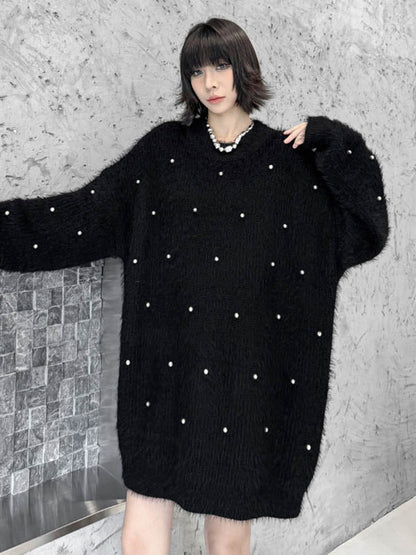 Long Sleeves Loose Beads Contrast Color Shiny Split-Joint Round-Neck Mini Dresses Sweater Dresses