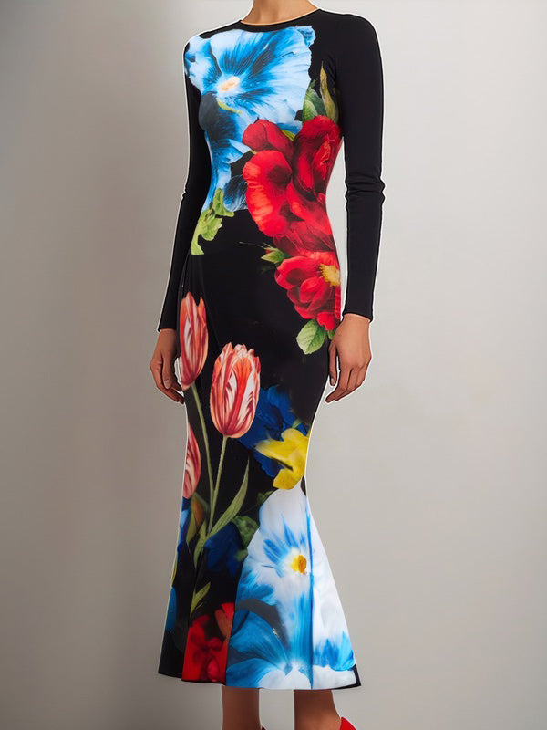 Bodycon Long Sleeves Flower Print Round-neck Maxi Dresses