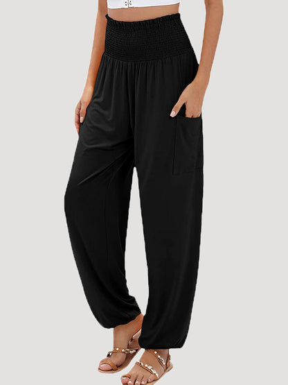 High Waisted Loose Elasticity Pleated Pockets Solid Color Split-Joint Pants Trousers