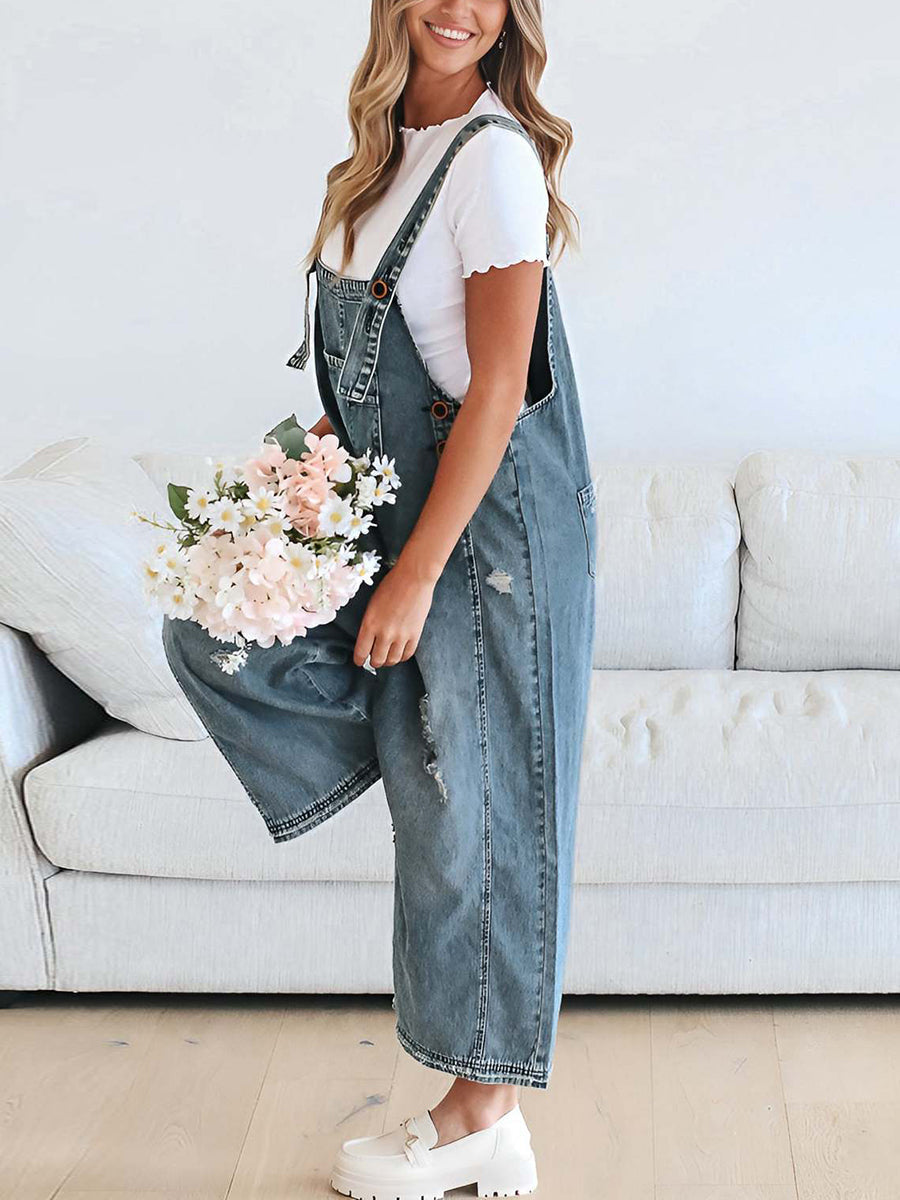 Cropped Wide Leg Buttoned Pockets Solid Color Adjustable Straps Overalls