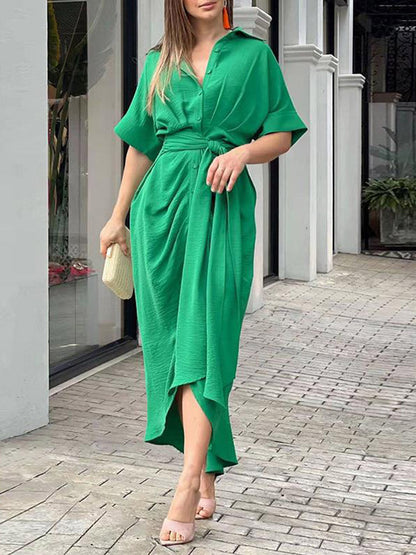 Elasticated Waist High Waisted Buttoned Pleated Solid Color Split-Joint Tied Waist Lapel Maxi Dresses Shirt Dress