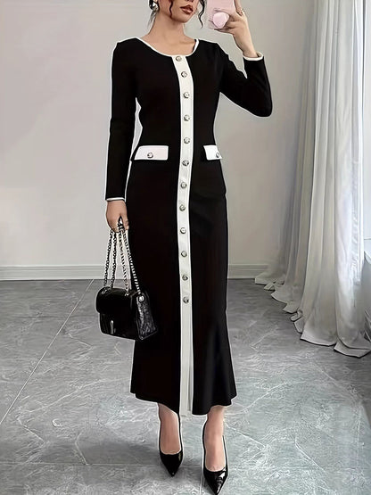 Bodycon Long Sleeves Buttoned Split-Joint Round-Neck Maxi Dresses