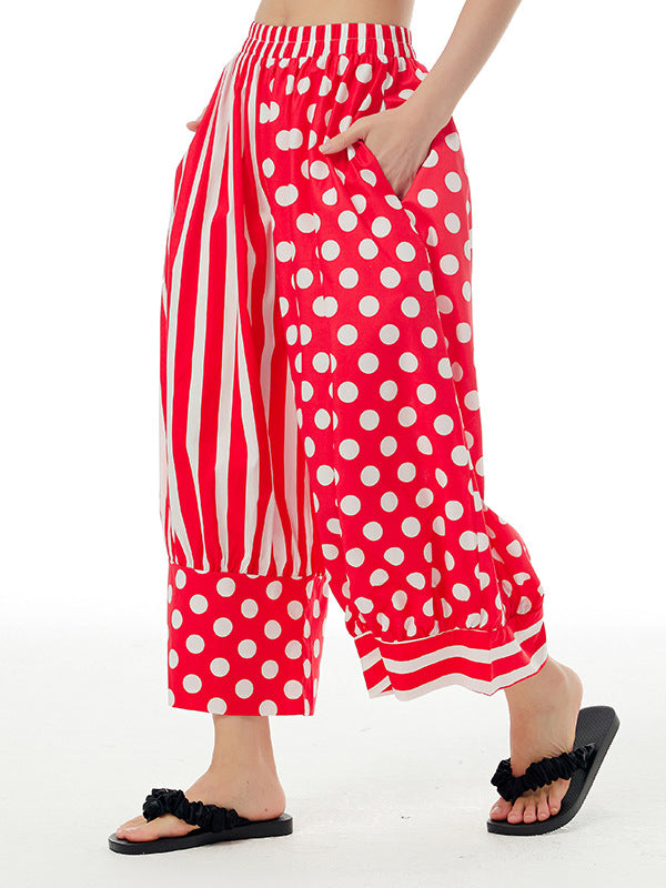 Loose Wide Leg Contrast Color Elasticity Polka-Dot Split-Joint Striped Cropped Trousers Pants
