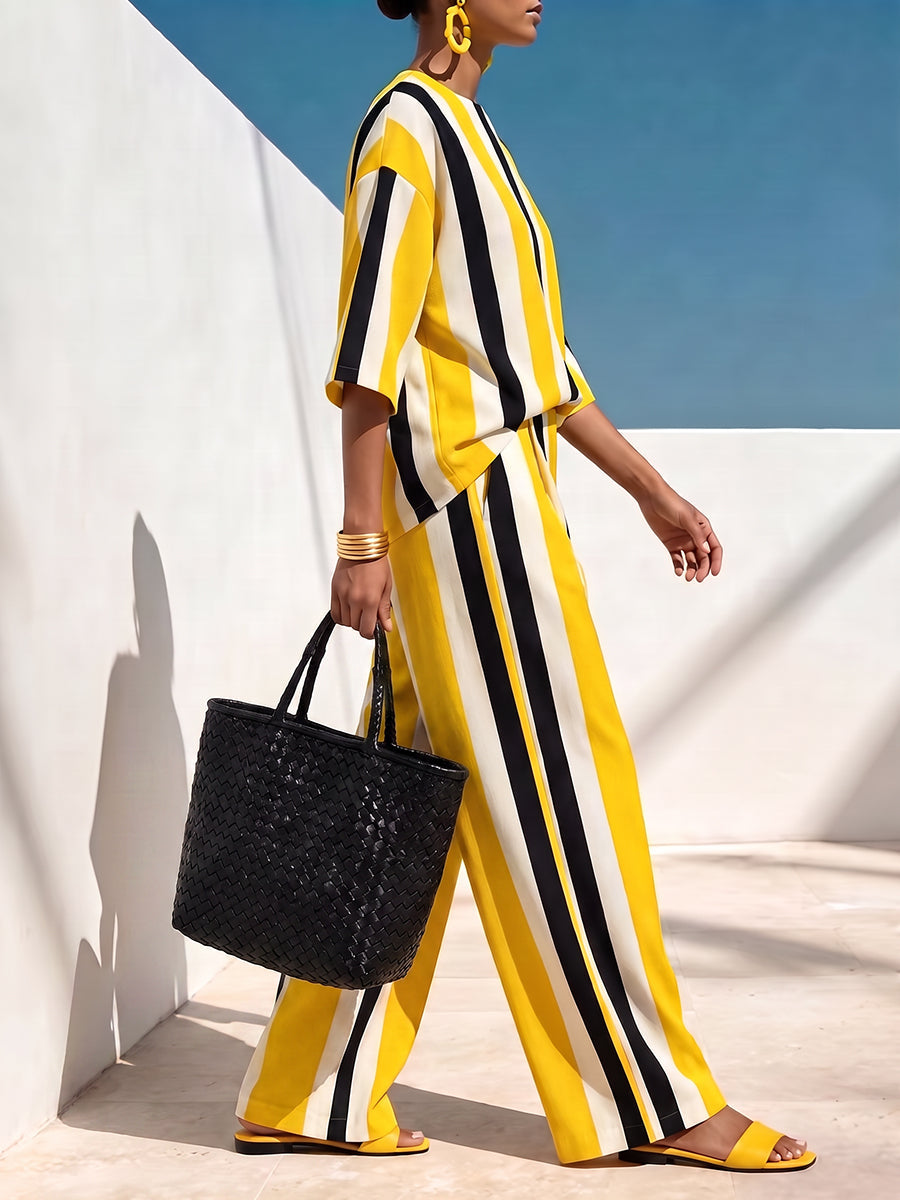 Striped Pockets Elasticity Contrast Color Wide Leg Loose Trousers Pants
