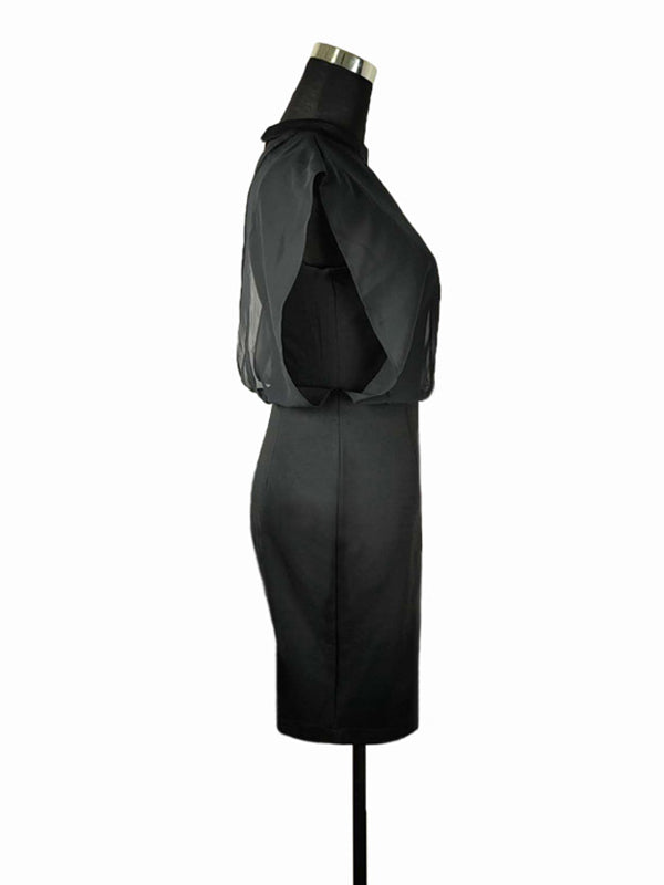 Loose Sleeveless Gauze Hollow See-Through Split-Joint Zipper Stand Collar Evening Dresses Midi Dresses