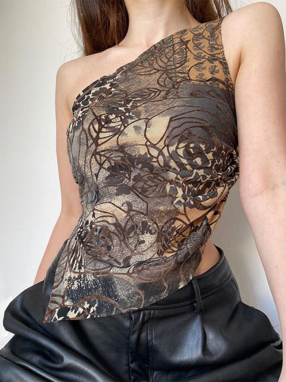 Loose Skinny Asymmetric Pleated Printed One-Shoulder Vest Top