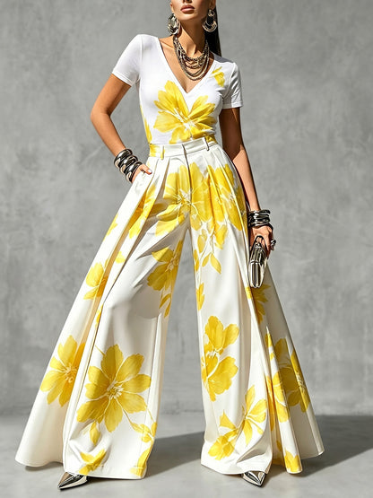 Short Sleeves Flower Print V-Neck T-Shirts Tops