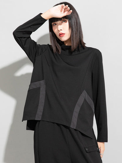 Casual Loose Long Sleeves Split-Joint Solid Color Stand Collar T-Shirts Tops