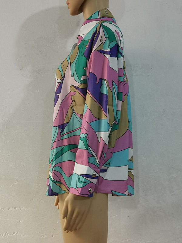 Long Sleeves Loose Contrast Color Printed Lapel Blouses