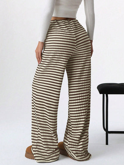 Elasticated Waist High Waisted Contrast Color Drawstring Split-Joint Striped Pants