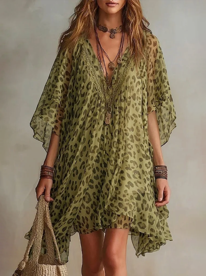 Batwing Sleeves Half Sleeves Asymmetric Contrast Color Leopard Ruffle Trim See-Through Deep V-Neck Mini Dresses