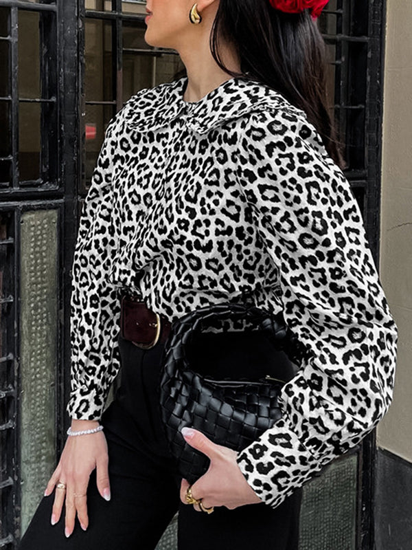 Loose Puff Sleeves Leopard Split-Joint Peter Pan Collar Blouses&Shirts Tops