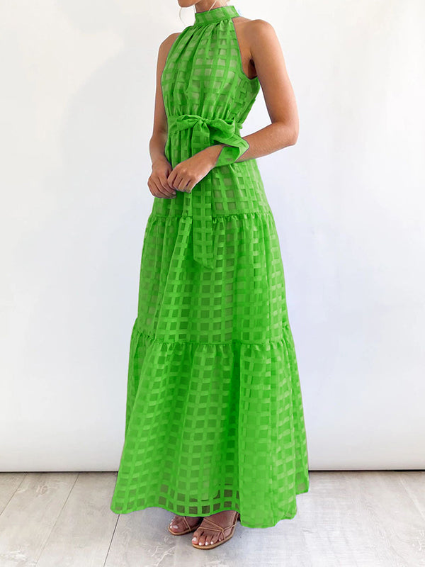 Loose Sleeveless Plaid Ribbed Stand Collar Maxi Dresses