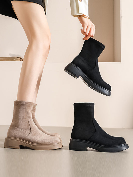 Round-Toe Split-Joint Velvet Boots