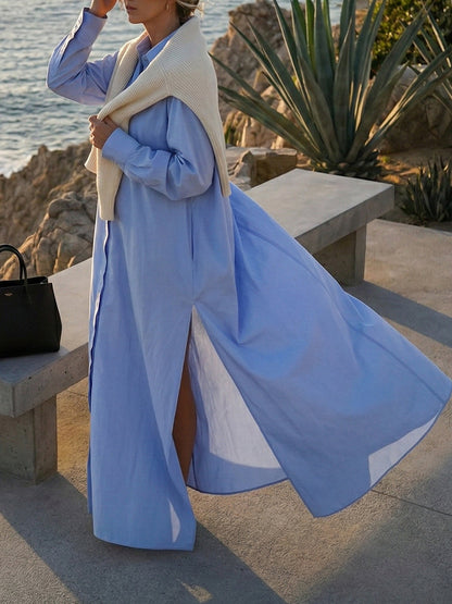 Long Sleeves Loose Buttoned Pockets Solid Color Split-Joint Split-Side Lapel Maxi Dresses Shirt Dress