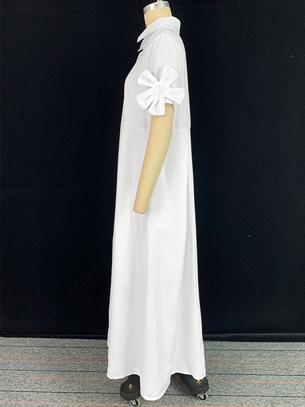 A-Line Loose Pleated Solid Color Split-Joint Lapel Maxi Dresses Shirt Dress