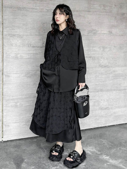 Solid Color Split-Joint Asymmetric Drawstring Flower Print   False Two Lapel Buttoned Pockets Blouses&Shirts Tops + Elasticated Waist Double Layered Skirts Bottoms Two Pieces Set