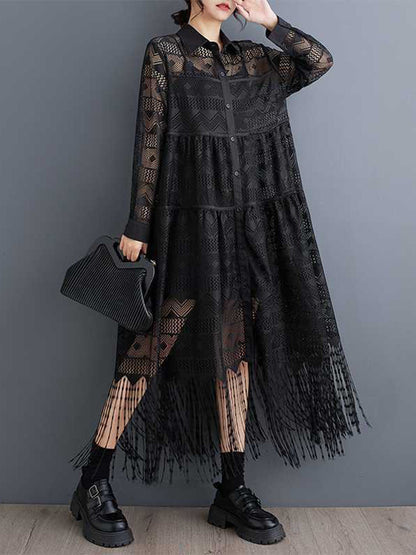 A-Line Long Sleeves Buttoned Printed See-Through Split-Joint Tasseled Lapel Midi Dresses
