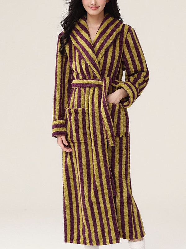 Long Sleeves Loose Split-Joint Striped Tied Waist Lapel Robes