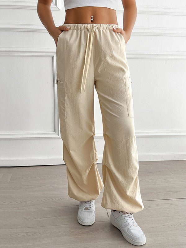 High Waisted Loose Drawstring Elasticity Pleated Pockets Solid Color Pants Trousers