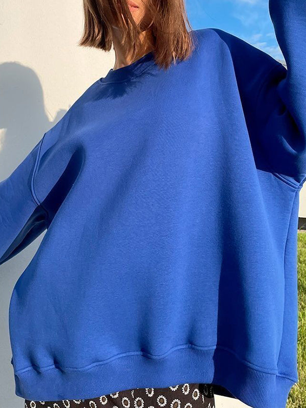 Long Sleeves Loose Solid Color Round-Neck Sweatshirt Tops
