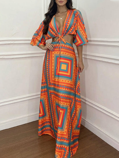 A-Line Cropped Contrast Color Knot Printed Split-Joint Deep V-Neck Maxi Dresses