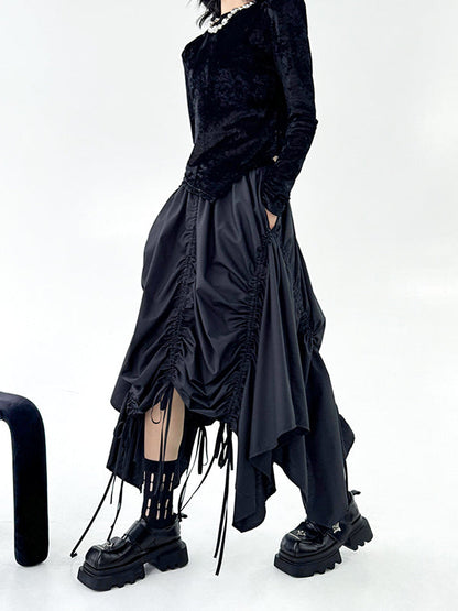 A-Line Elasticated Waist Asymmetric Drawstring Pleated Solid Color Skirts Bottoms